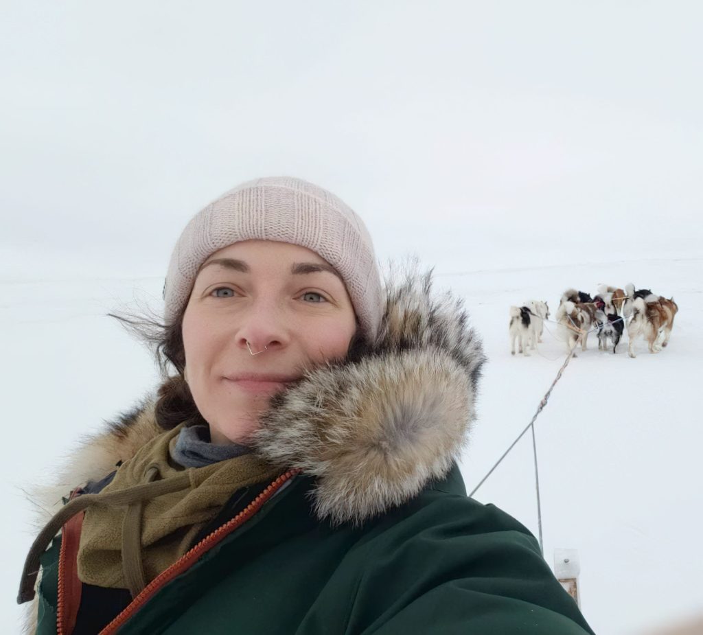 Person with sled dogs in snow