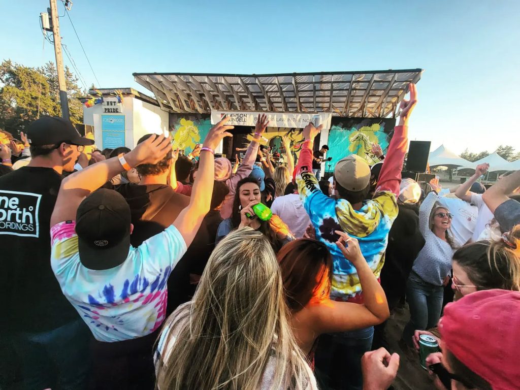 Crowd enjoying live music outdoors.