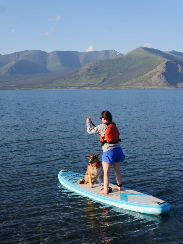 Person paddleboarding with dog on water