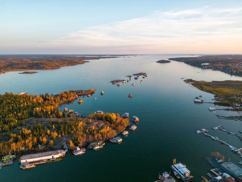 Aerial view of serene lake landscape.