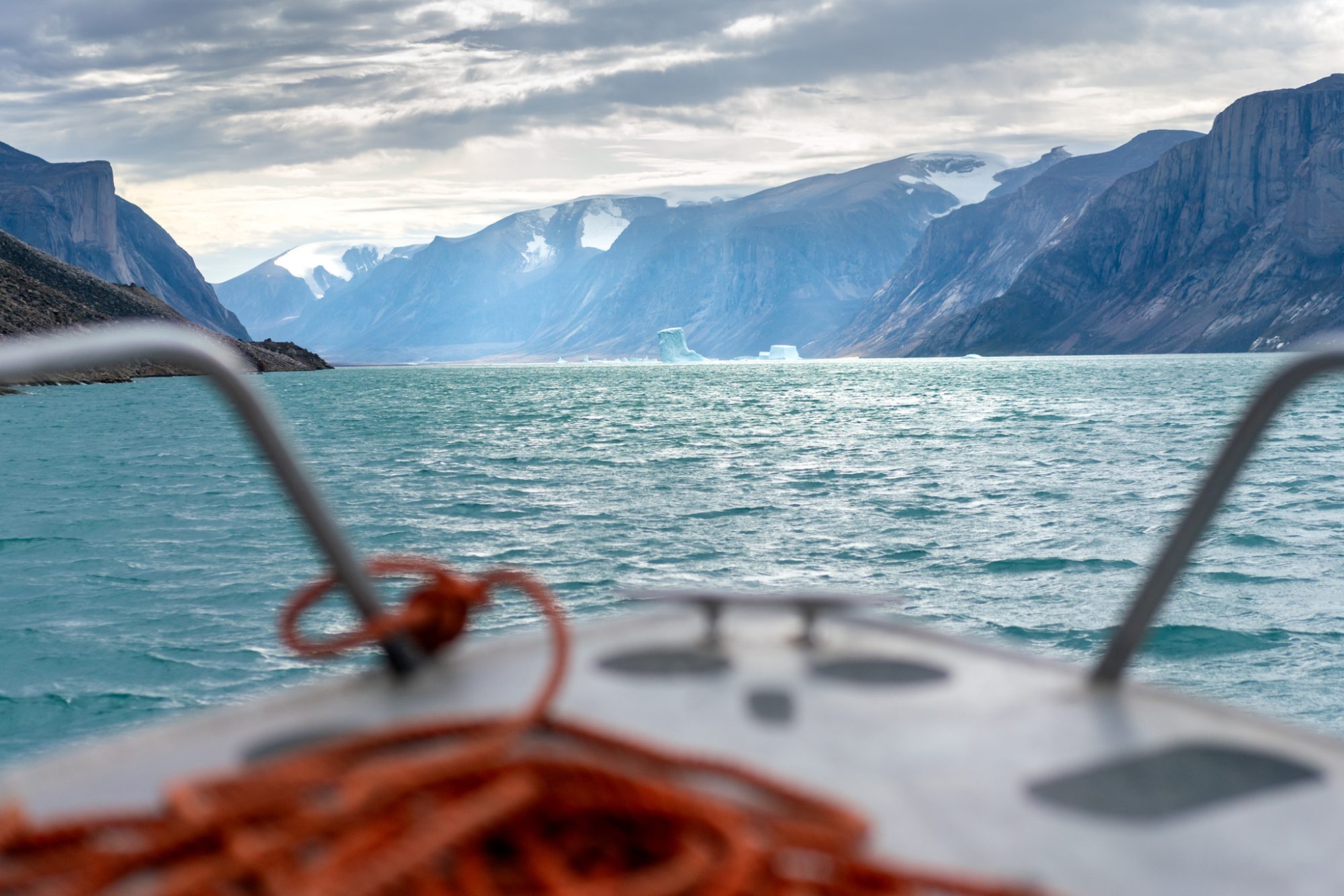 Boat view of icy landscape.