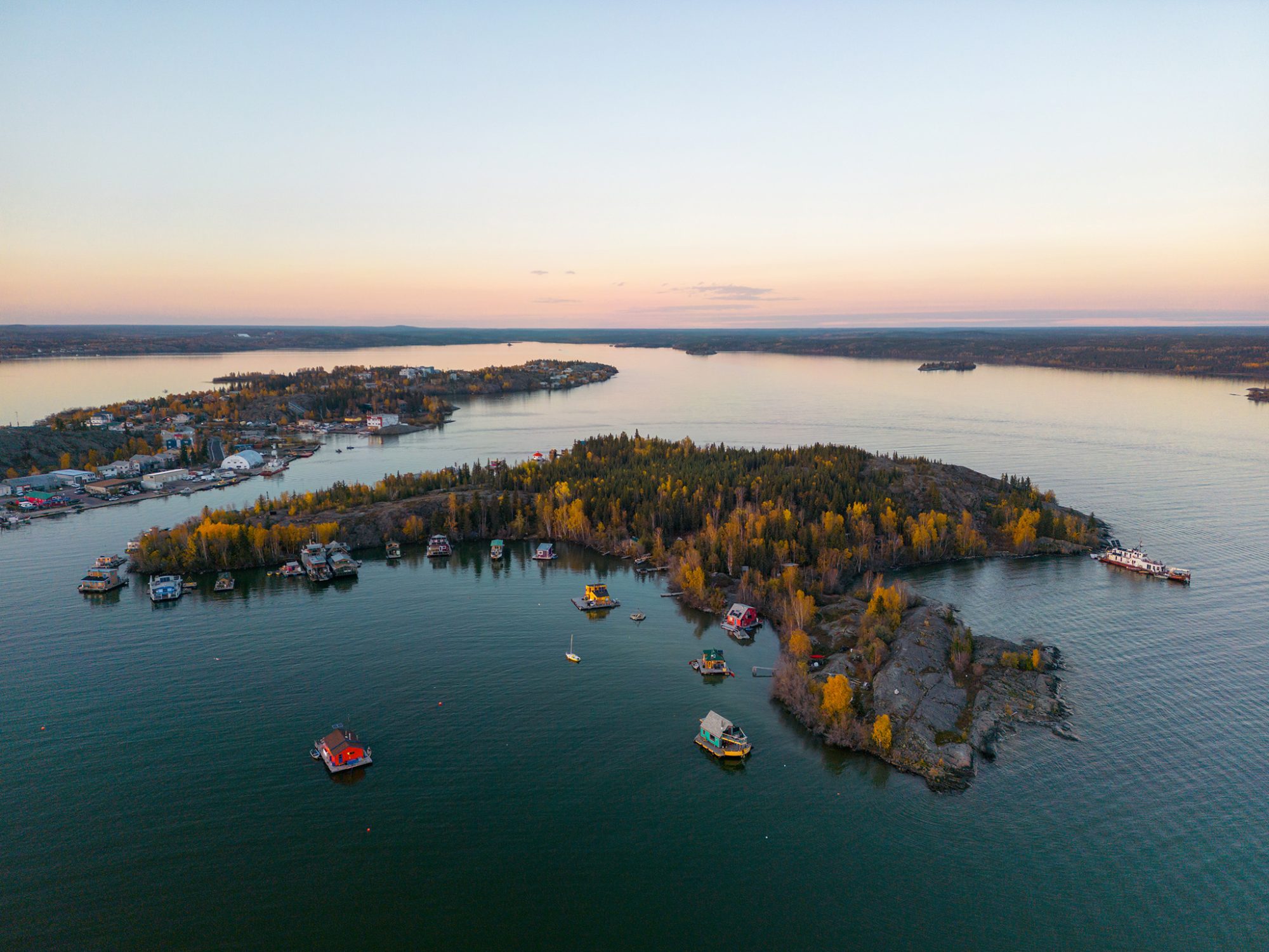 Aerial view of serene lake island.