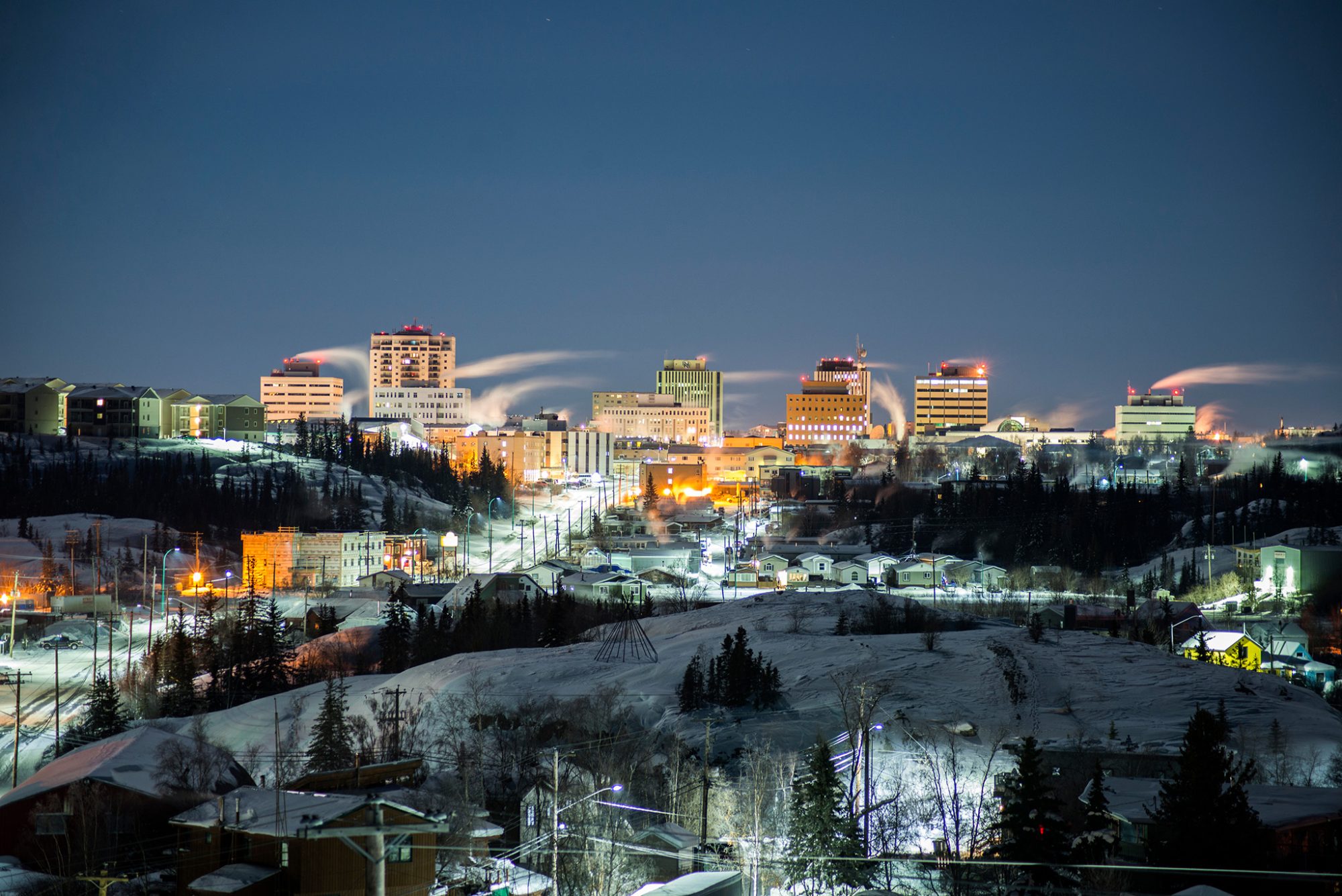 City skyline illuminated at night