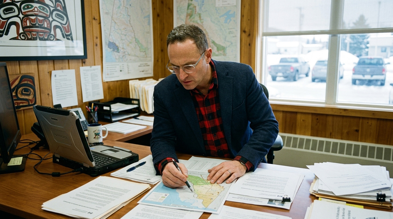Man working at a desk with maps.