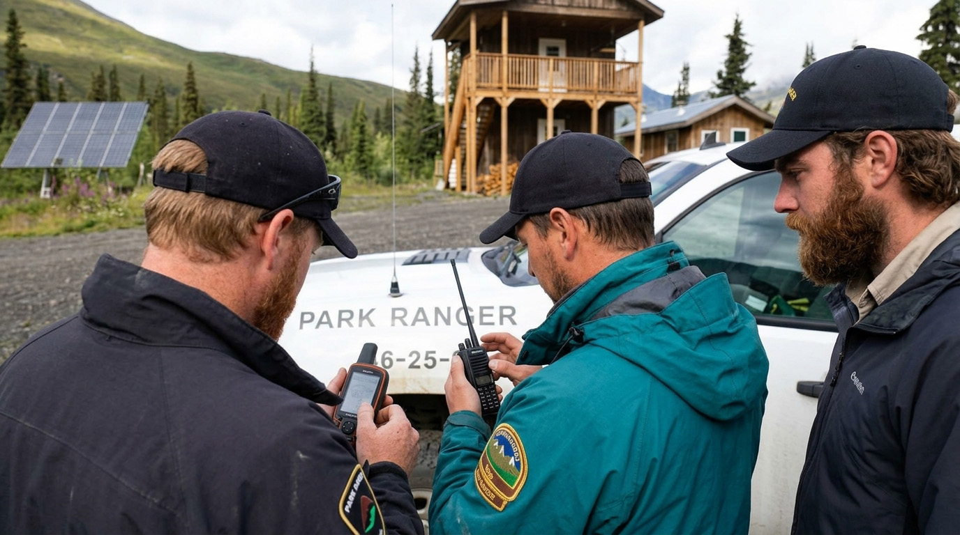 Park rangers communicating and coordinating